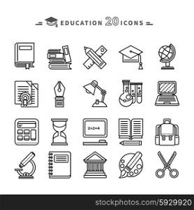 Set of black education thin, lines, outline icons. Items for study ruler, pencil, microscope, backpack, computer, palette, glasses on white background. For web and mobile applications