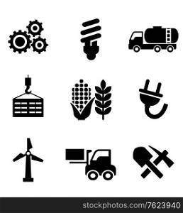 Set of black energy and industry icons depicting machinery, electricity, mining, oil, wind turbine, plug, forklift, agriculture and construction