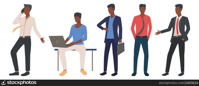 Set of black entrepreneurs leading business. Flat cartoon men planning work. Vector illustration can be used for executive, merchant, promo. Set of black entrepreneurs leading business