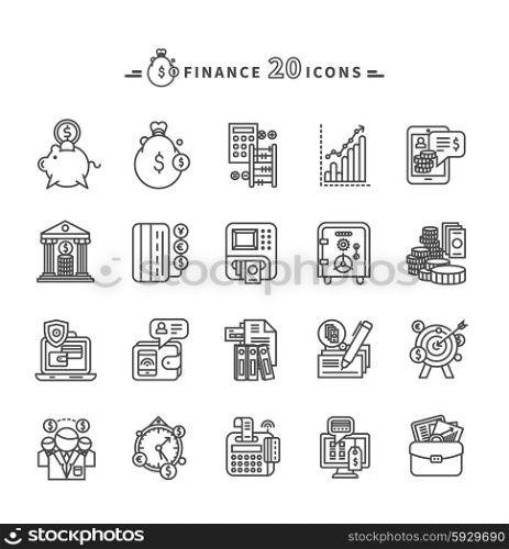Set of black finance thin, lines, outline icons. Items for investment, economy, account, balance, planning, management on white background. For web and mobile applications