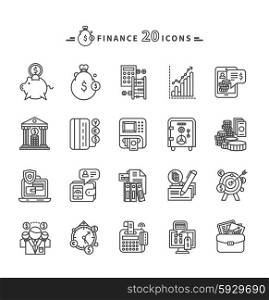 Set of black finance thin, lines, outline icons. Items for investment, economy, account, balance, planning, management on white background. For web and mobile applications