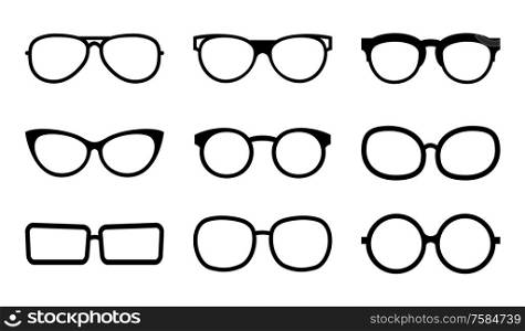 Set of black glasses. Linear frames on a white background. Isolated