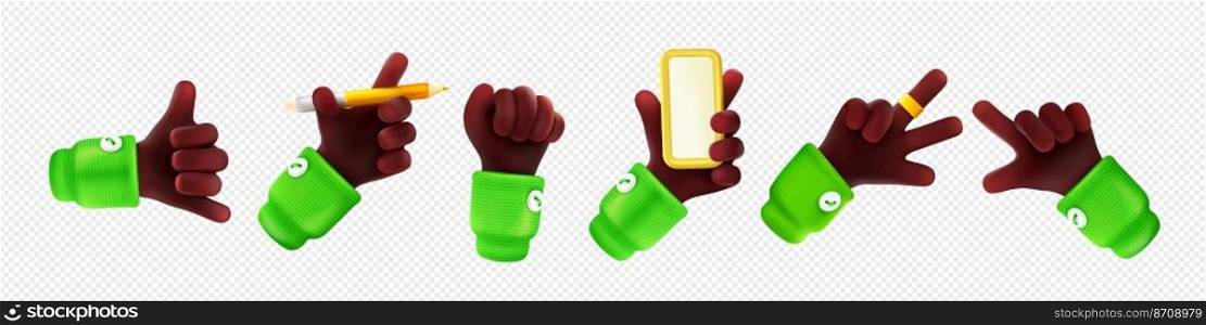Set of black hand gestures png isolated on transparent background. 3D vector illustration of character holding smartphone, pencil, using smart ring, pointing finger, showing fist and call me sign. Set of 3D black hand gestures png on transparent