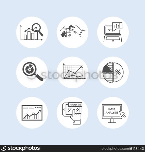 Set of black icons data analysis. Information optimization, trend development, idea and strategy, financial growth, infographic seo, process finance statistic. Set of thin, lines icons