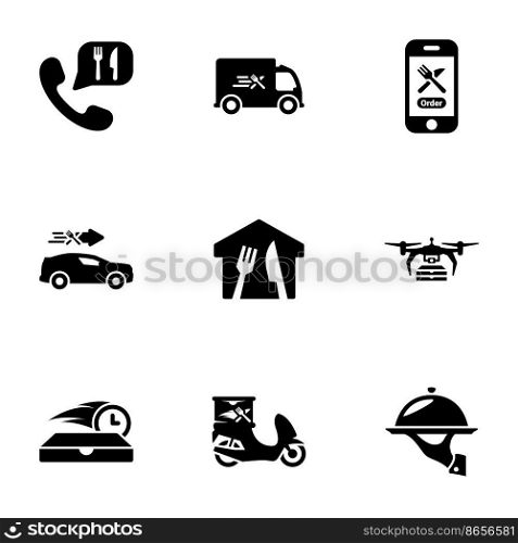 Set of black icons isolated on white background, on theme Food delivery