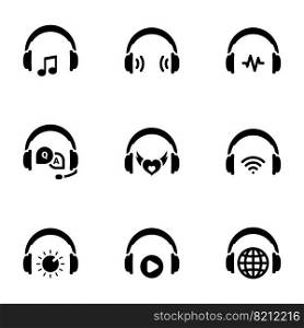 Set of black icons isolated on white background, on theme Headphones