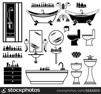Set of black icons of bathroom on a white background.