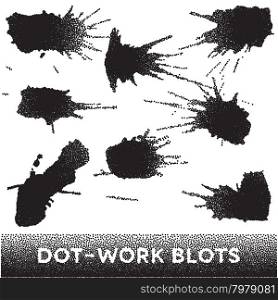 Set of black ink blots made of dots