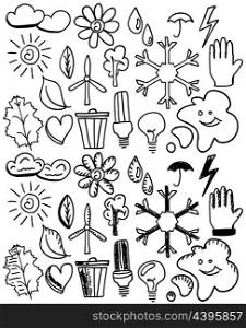 Set of black isolated environmental hand drawn doodles