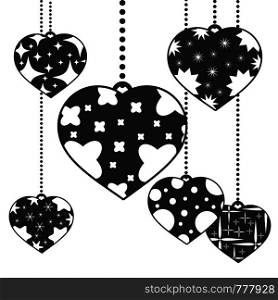 Set of black isolated silhouettes of cute pendant hearts on a white background. With an abstract pattern. Simple flat vector illustration. Design for St. Valentine s Day