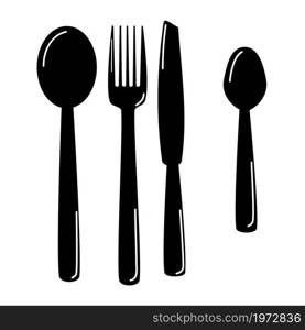 Set of black knife, fork, spoon, flat design.