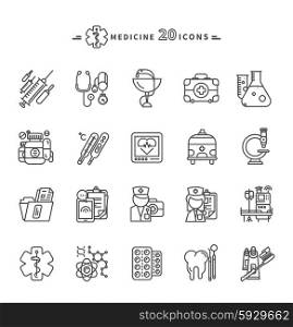 Set of black medicine thin, lines, outline icons. Items for for medical care, medicines, tools, results of the survey, badges on white background. For web and mobile applications