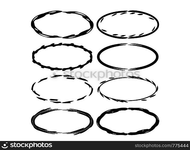 Set of black oval grunge frames. Vector illustration.