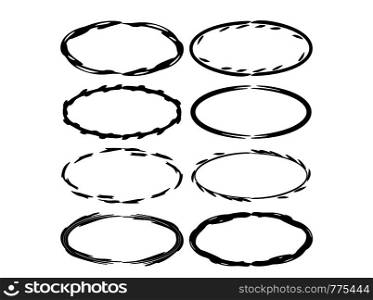 Set of black oval grunge frames. Vector illustration.