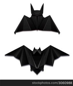 Set of black paper origami bats. 3D object separately from the background. Craft Zoo. Halloween holiday. Vector element for cards, invitations, cards and your creativity.. Set of black paper origami bats. 3D object separately from the background. Craft Zoo. Halloween holiday. Vector element