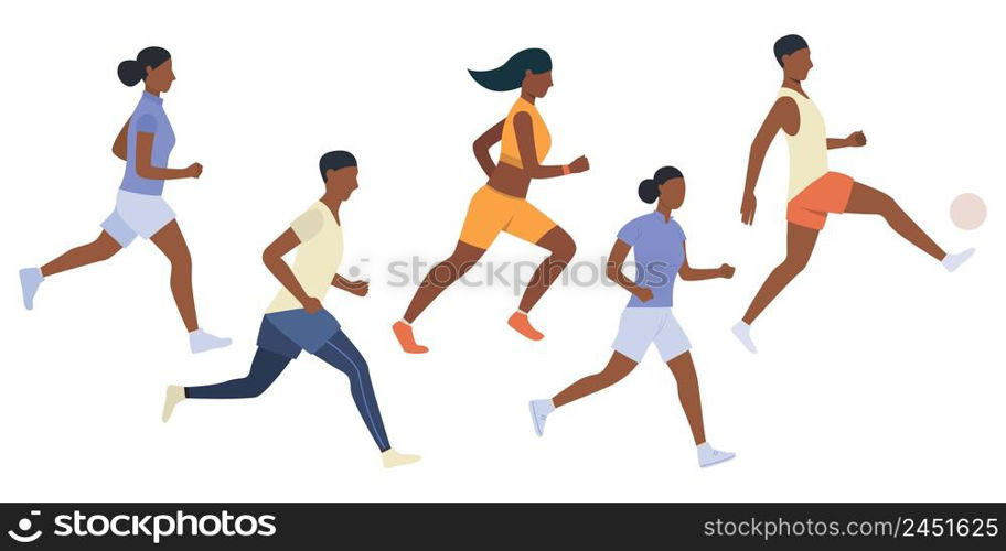 Set of black people playing football. Group of African people running outdoors. Vector illustration can be used for presentation, marathon, running. Set of black people playing football