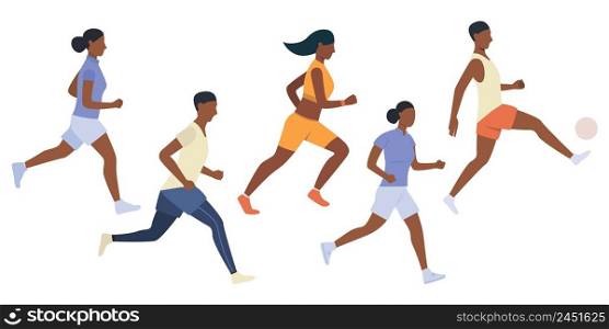 Set of black people playing football. Group of African people running outdoors. Vector illustration can be used for presentation, marathon, running. Set of black people playing football
