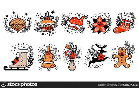 Set of black, red and white christmas line art doodle icons. Isolated vector illustration, white background. Christmas, New Year concept. For greeting cards, print, design, fabric, porcelain and decor. Set of flat line art christmas icons vector illustration