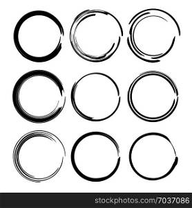 Set of black round grunge frames. Circle borders. Vector illustration.