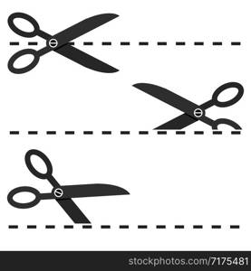 Set of Black Scissors with Cut Lines Vector Isolated