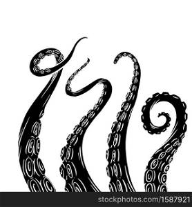 Set of black silhouette sketches octopus tentacles. Creepy limbs of marine inhabitants. Vector object for logos, tattoos, cards and your design.. Set of black silhouette sketches octopus tentacles. Creepy limbs of marine inhabitants. Vector object