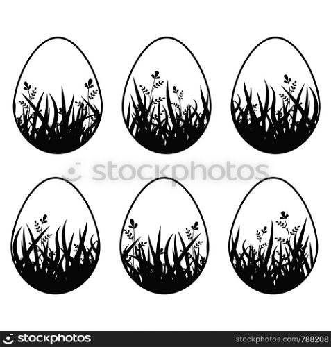Set of black silhouettes isolated Easter eggs on a white background. With an abstract pattern. Simple flat vector illustration. Suitable for decoration of postcards, advertising, magazines, websites.