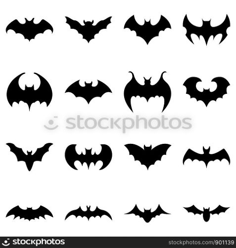 Set of black silhouettes of bats isolated on white background. Collection of flying bats. Halloween decorative elements. Vector illustration for any design.
