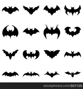 Set of black silhouettes of bats isolated on white background. Collection of flying bats. Halloween decorative elements. Vector illustration for any design.