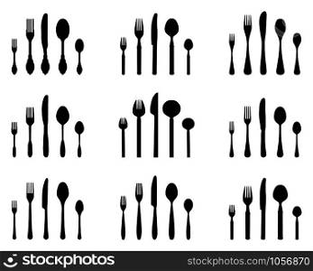 Set of black silhouettes of cutlery on white background