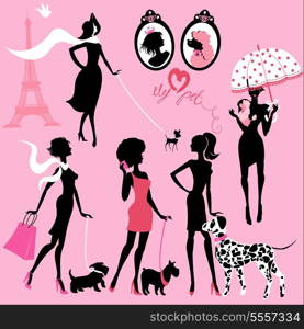 Set of black silhouettes of fashionable girls with their pets - dogs (Dalmatian, terrier, poodle, chihuahua) on a pink background