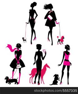 Set of black silhouettes of fashionable girls with their pets - dogs (dachshund, terrier, poodle, chihuahua) on a white background