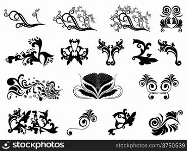 Set of black silhouettes of floral design elements isolated over white, hand drawing vector illustration