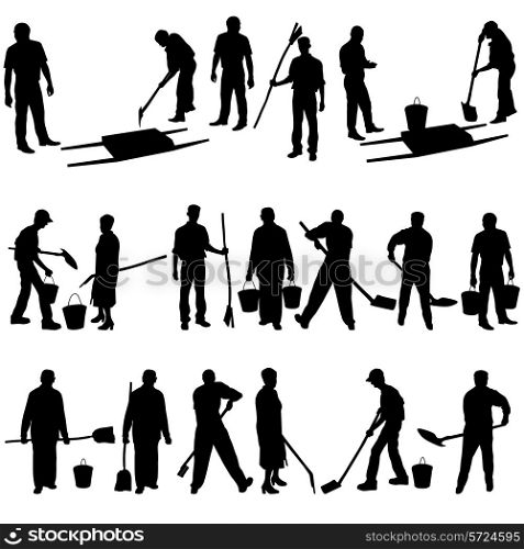 Set of black silhouettes of men and women with shovels and buckets. Vector illustration.