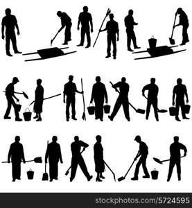 Set of black silhouettes of men and women with shovels and buckets. Vector illustration.