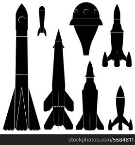 Set of black silhouettes of rockets