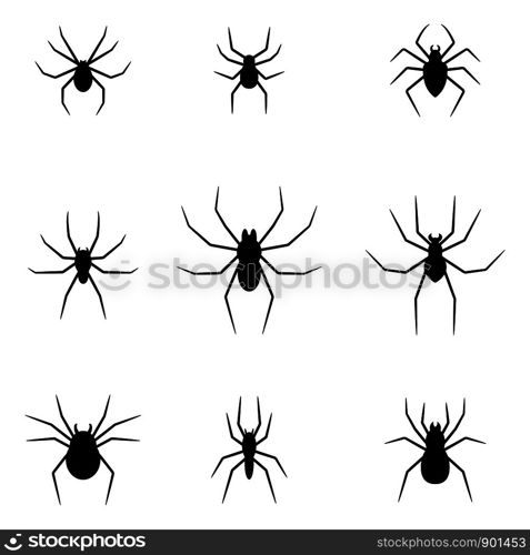 Set of black silhouettes of spiders isolated on white background. Halloween decorative elements. Vector illustration for any design.