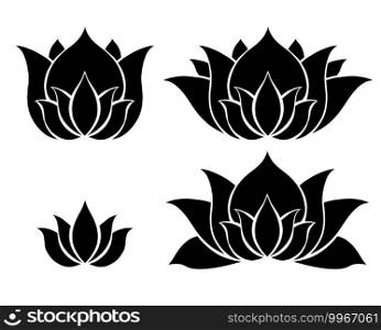 Set of black silhouettes of stylized lotuses. Water lily logos for yoga and sports centers. Simple flower icons for spa and beauty salons. Zen and Meditation.. Set of black silhouettes of stylized lotuses. Water lily logos for yoga and sports centers. Simple flower icons for spa and beauty salons.