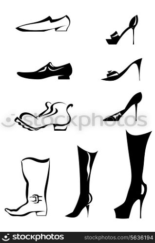 Set of black silhouettes of stylized men&apos;s and women&apos;s shoes. Vector illustration