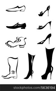 Set of black silhouettes of stylized men&apos;s and women&apos;s shoes. Vector illustration