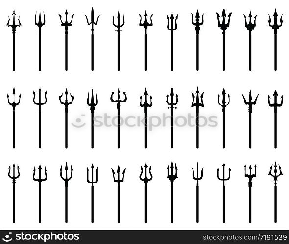 Set of black silhouettes of trident on a white background
