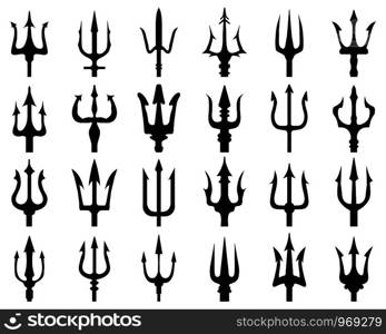 Set of black silhouettes of trident on a white background