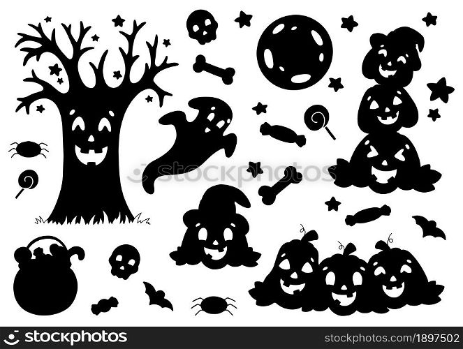 Set of black silhouettes pumpkin, ghost, tree, bat, bones. Halloween theme. Vector illustration isolated on white background. Template for books, stickers, posters, cards, clothes.