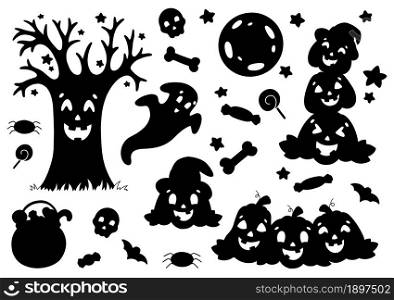 Set of black silhouettes pumpkin, ghost, tree, bat, bones. Halloween theme. Vector illustration isolated on white background. Template for books, stickers, posters, cards, clothes.