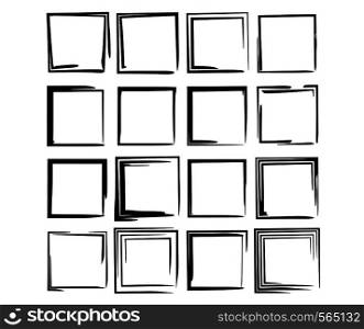 Set of black square grunge frames. Collection of geometric empty borders. Vector illustration.