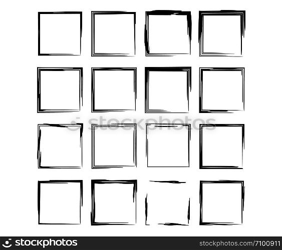 Set of black square grunge frames. Collection of geometric empty borders. Vector illustration.