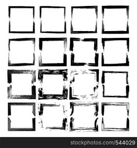 Set of black square grunge frames. Collection of geometric rectangle empty borders. Vector illustration.