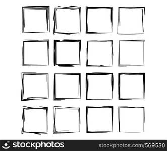 Set of black square grunge frames. Collection of geometric rectangle empty borders. Vector illustration.