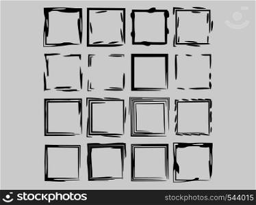 Set of black square grunge frames. Geometric empty borders isolated. Vector illustration.