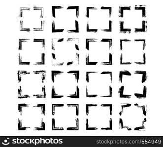 Set of black square grunge frames. Geometric empty borders. Vector illustration.