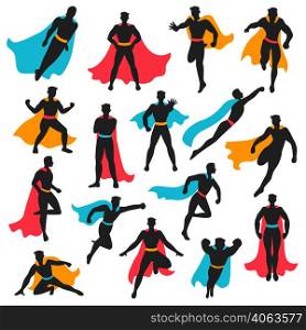 Set of black superhero silhouettes in different poses with colored waving cloaks on white background isolated vector illustration. Set Of Black Superhero Silhouettes